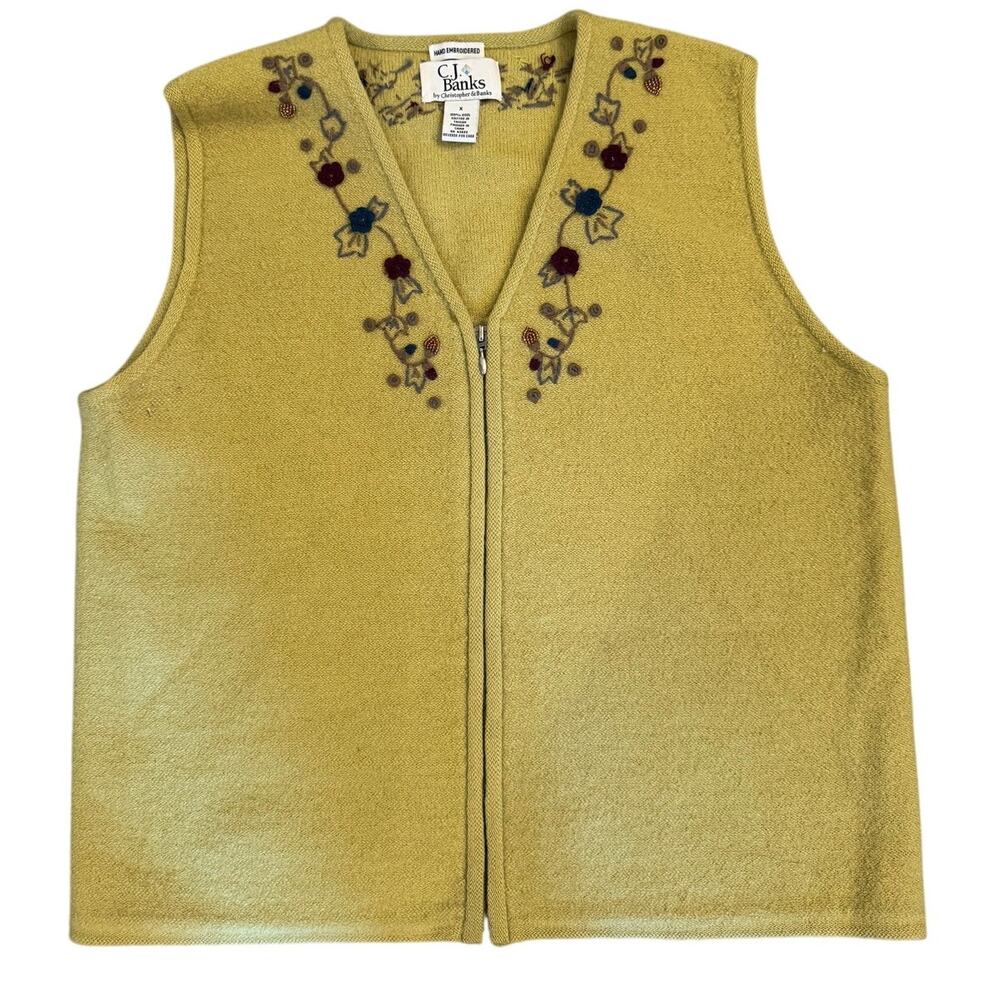 CJ Banks Chartreuse Wool Blend Vest Zip Front Embroidered Floral Plus Size X